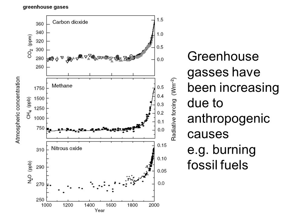 Greenhouse gasses have been increasing due to anthropogenic causes e.g. burning fossil fuels