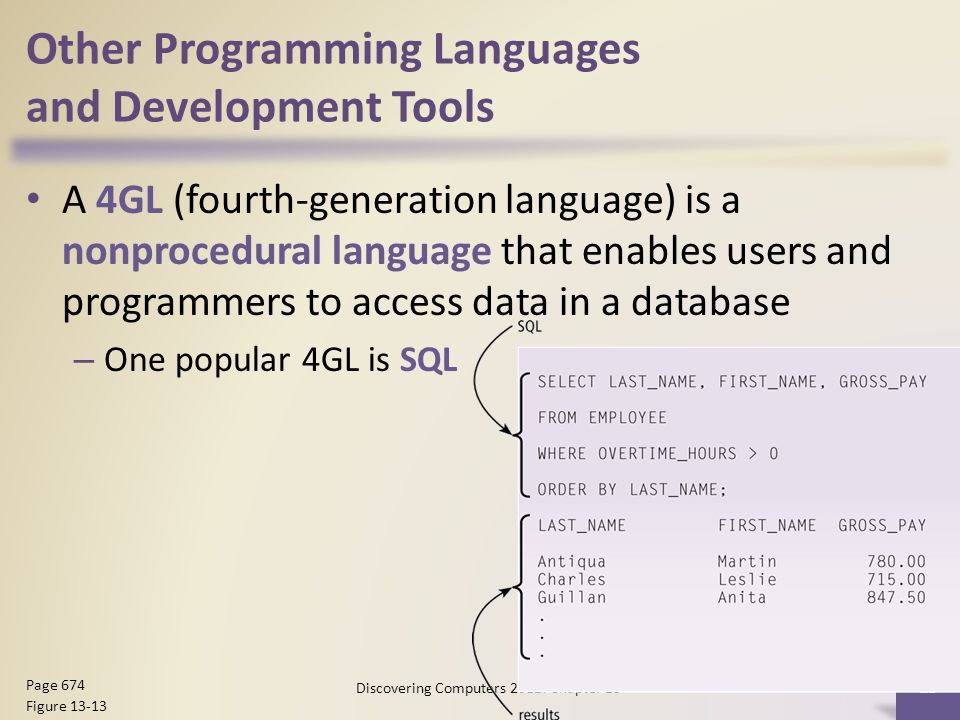 Other Programming Languages and Development Tools A 4GL (fourth-generation language) is a nonprocedural language that enables users and programmers to access data in a database – One popular 4GL is SQL Discovering Computers 2012: Chapter Page 674 Figure 13-13