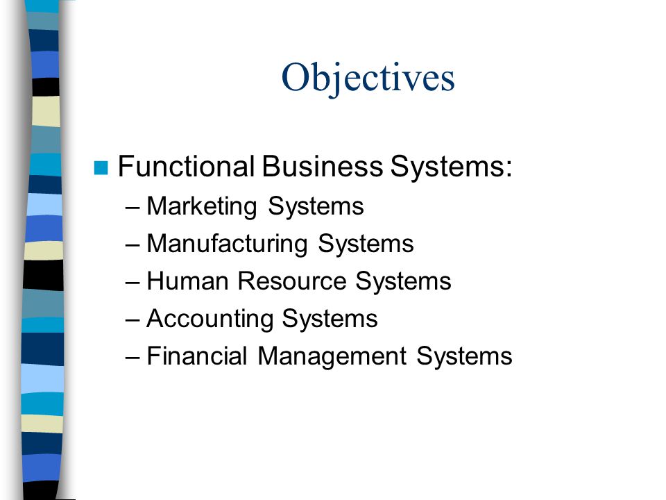 Objectives Functional Business Systems: –Marketing Systems –Manufacturing Systems –Human Resource Systems –Accounting Systems –Financial Management Systems