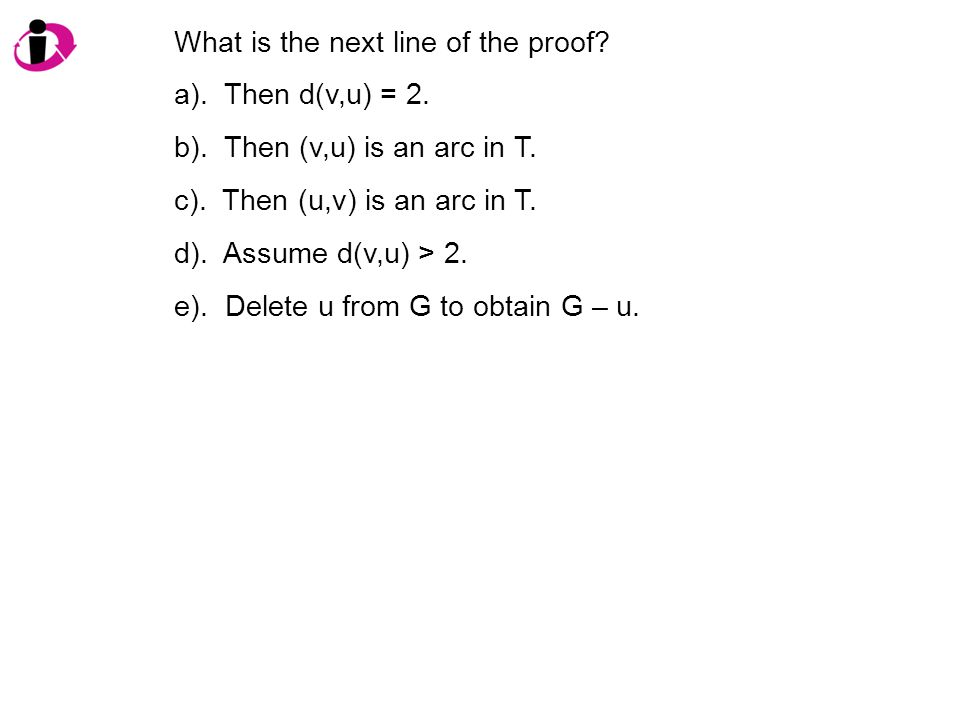What is the next line of the proof. a). Then d(v,u) = 2.