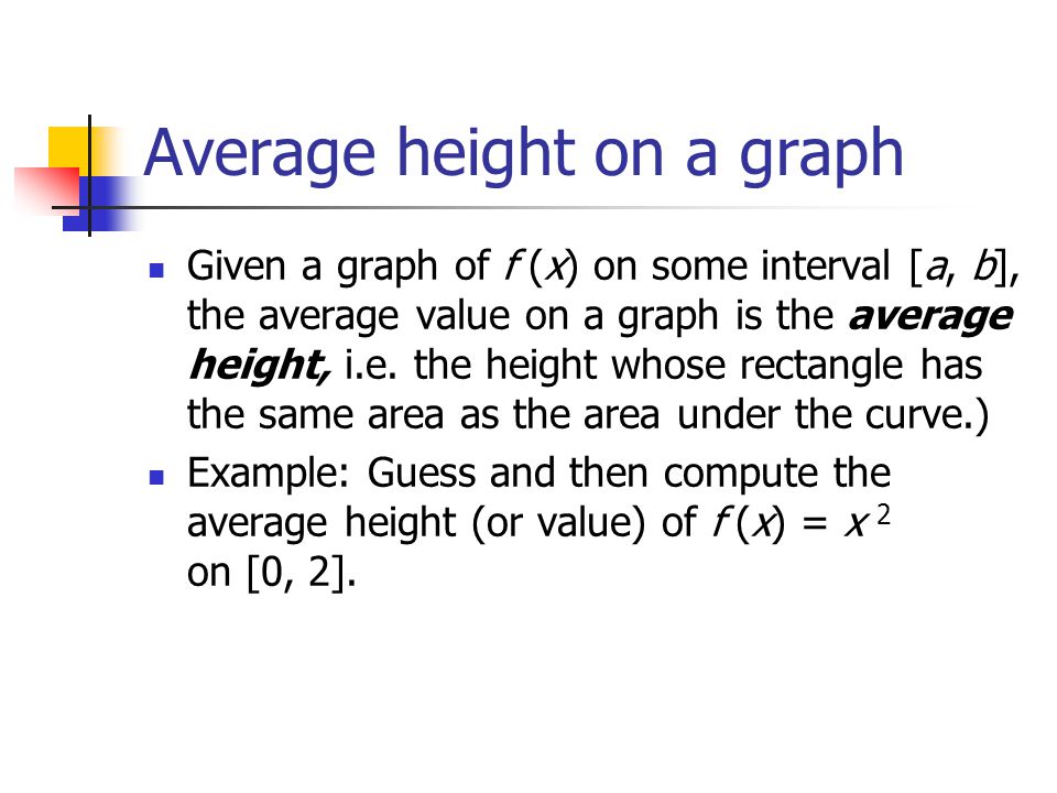 Average height on a graph Given a graph of f (x) on some interval [a, b], the average value on a graph is the average height, i.e.