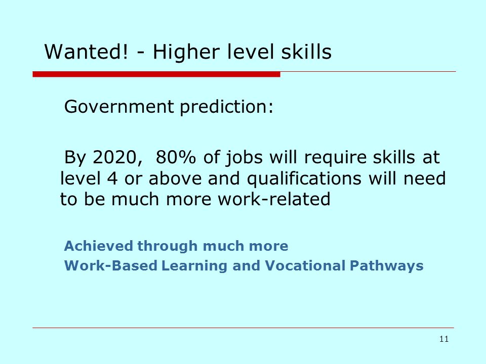 11 Government prediction: By 2020, 80% of jobs will require skills at level 4 or above and qualifications will need to be much more work-related Achieved through much more Work-Based Learning and Vocational Pathways Wanted.