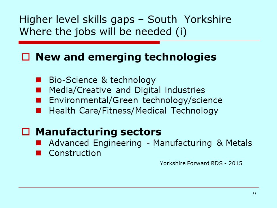 9 Higher level skills gaps – South Yorkshire Where the jobs will be needed (i)  New and emerging technologies Bio-Science & technology Media/Creative and Digital industries Environmental/Green technology/science Health Care/Fitness/Medical Technology  Manufacturing sectors Advanced Engineering - Manufacturing & Metals Construction Yorkshire Forward RDS