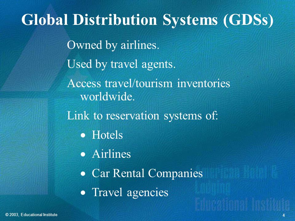 © 2003, Educational Institute 4 Global Distribution Systems (GDSs) Owned by airlines.