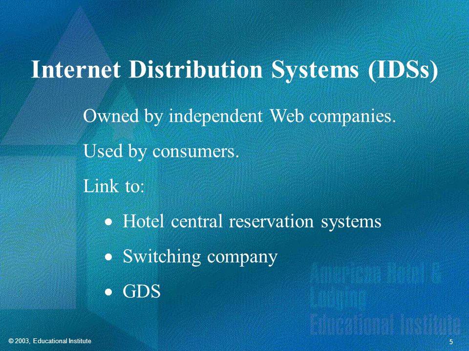 © 2003, Educational Institute 5 Internet Distribution Systems (IDSs) Owned by independent Web companies.