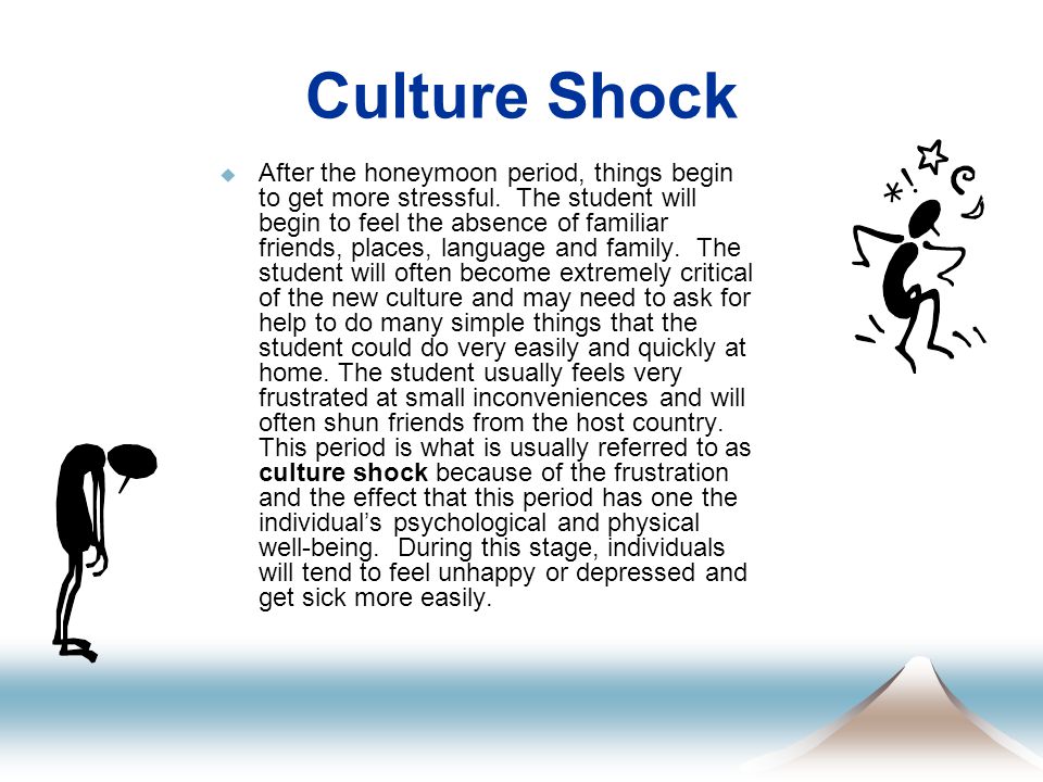 Culture Shock  After the honeymoon period, things begin to get more stressful.