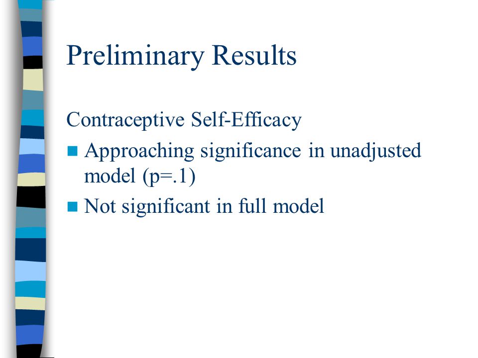 Preliminary Results Contraceptive Self-Efficacy Approaching significance in unadjusted model (p=.1) Not significant in full model
