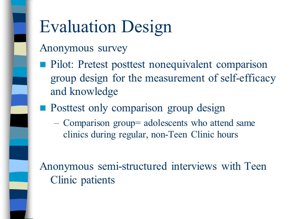 Evaluation Design Anonymous survey Pilot: Pretest posttest nonequivalent comparison group design for the measurement of self-efficacy and knowledge Posttest only comparison group design –Comparison group= adolescents who attend same clinics during regular, non-Teen Clinic hours Anonymous semi-structured interviews with Teen Clinic patients