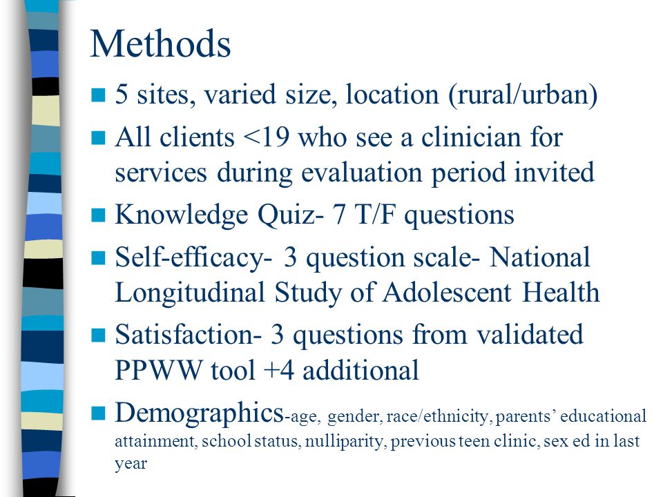 Methods 5 sites, varied size, location (rural/urban) All clients <19 who see a clinician for services during evaluation period invited Knowledge Quiz- 7 T/F questions Self-efficacy- 3 question scale- National Longitudinal Study of Adolescent Health Satisfaction- 3 questions from validated PPWW tool +4 additional Demographics -age, gender, race/ethnicity, parents’ educational attainment, school status, nulliparity, previous teen clinic, sex ed in last year