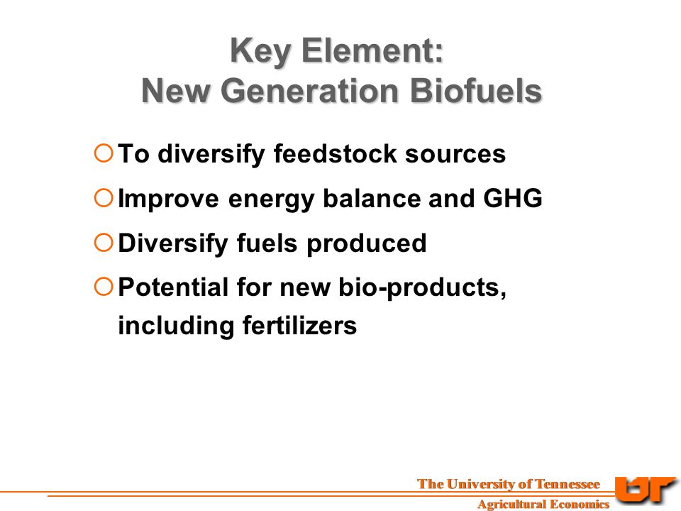 Key Element: New Generation Biofuels  To diversify feedstock sources  Improve energy balance and GHG  Diversify fuels produced  Potential for new bio-products, including fertilizers