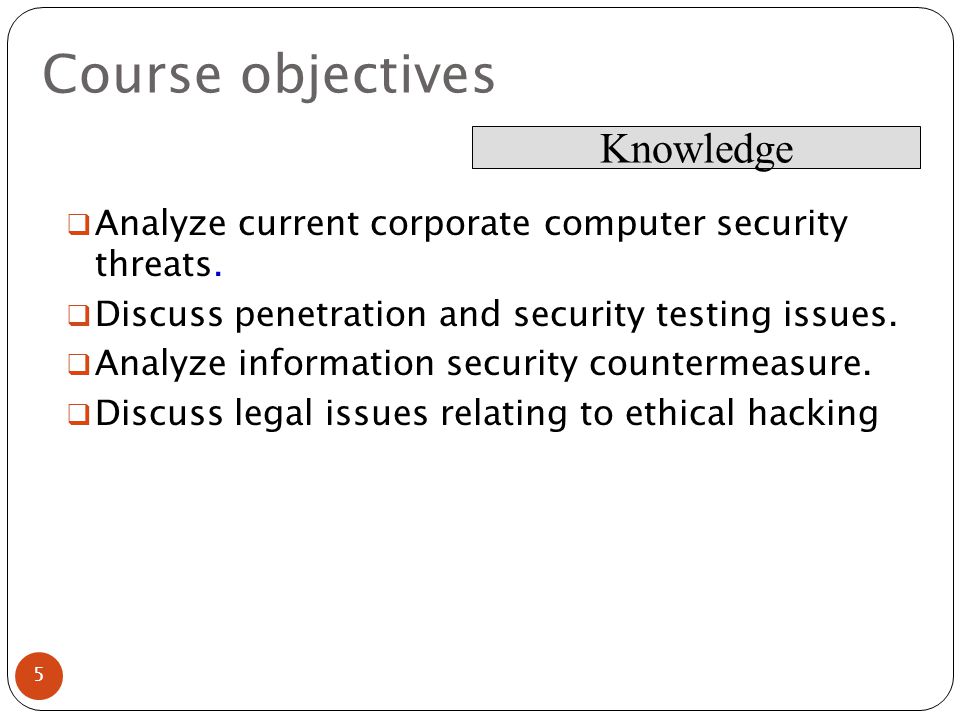 Course objectives  Analyze current corporate computer security threats.