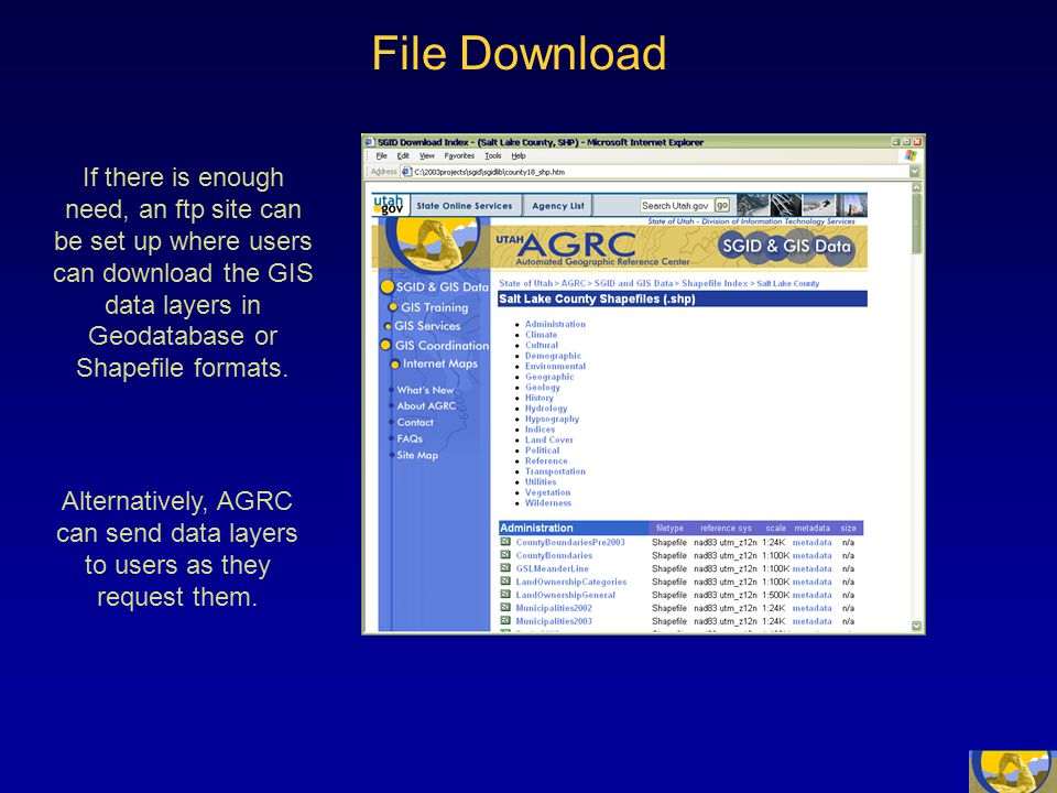 File Download If there is enough need, an ftp site can be set up where users can download the GIS data layers in Geodatabase or Shapefile formats.