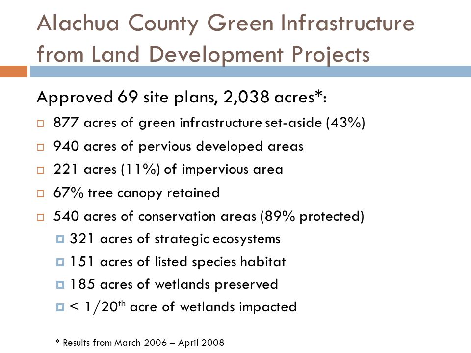 Approved 69 site plans, 2,038 acres*:  877 acres of green infrastructure set-aside (43%)  940 acres of pervious developed areas  221 acres (11%) of impervious area  67% tree canopy retained  540 acres of conservation areas (89% protected)  321 acres of strategic ecosystems  151 acres of listed species habitat  185 acres of wetlands preserved  < 1/20 th acre of wetlands impacted * Results from March 2006 – April 2008 Alachua County Green Infrastructure from Land Development Projects
