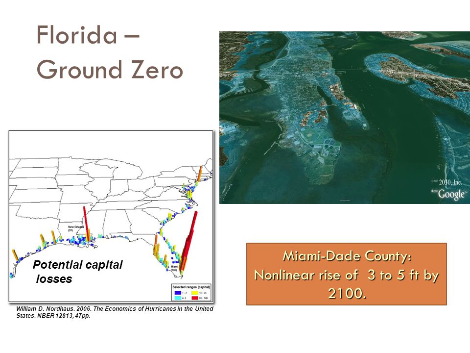 Miami-Dade County: Nonlinear rise of 3 to 5 ft by 2100.