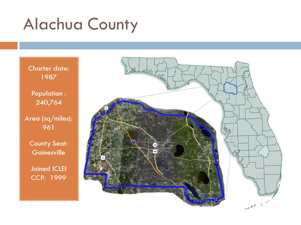 Alachua County Charter date: 1987 Population : 240,764 Area (sq/miles): 961 County Seat: Gainesville Joined ICLEI CCP: 1999