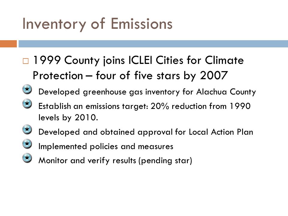 Inventory of Emissions  1999 County joins ICLEI Cities for Climate Protection – four of five stars by 2007 Developed greenhouse gas inventory for Alachua County Establish an emissions target: 20% reduction from 1990 levels by 2010.