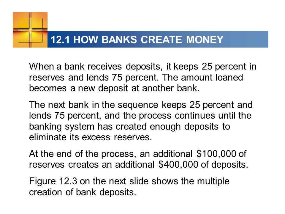 12.1 HOW BANKS CREATE MONEY When a bank receives deposits, it keeps 25 percent in reserves and lends 75 percent.