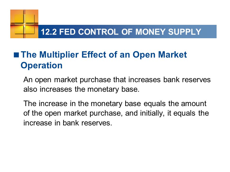 12.2 FED CONTROL OF MONEY SUPPLY  The Multiplier Effect of an Open Market Operation An open market purchase that increases bank reserves also increases the monetary base.