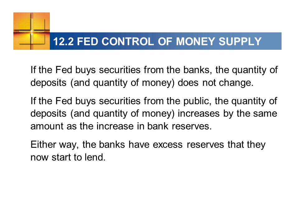 12.2 FED CONTROL OF MONEY SUPPLY If the Fed buys securities from the banks, the quantity of deposits (and quantity of money) does not change.