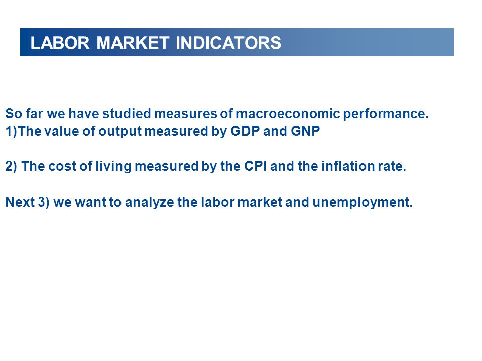 LABOR MARKET INDICATORS So far we have studied measures of macroeconomic performance.