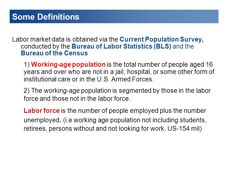 Some Definitions Labor market data is obtained via the Current Population Survey, conducted by the Bureau of Labor Statistics (BLS) and the Bureau of the Census 1) Working-age population is the total number of people aged 16 years and over who are not in a jail, hospital, or some other form of institutional care or in the U.S.