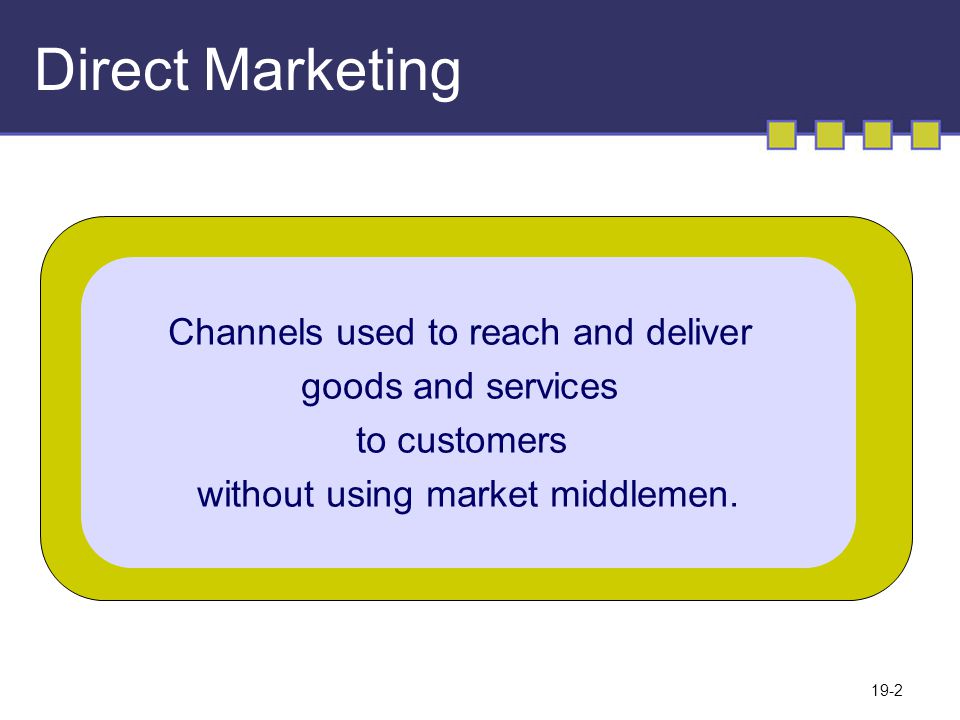 19-2 Direct Marketing Channels used to reach and deliver goods and services to customers without using market middlemen.