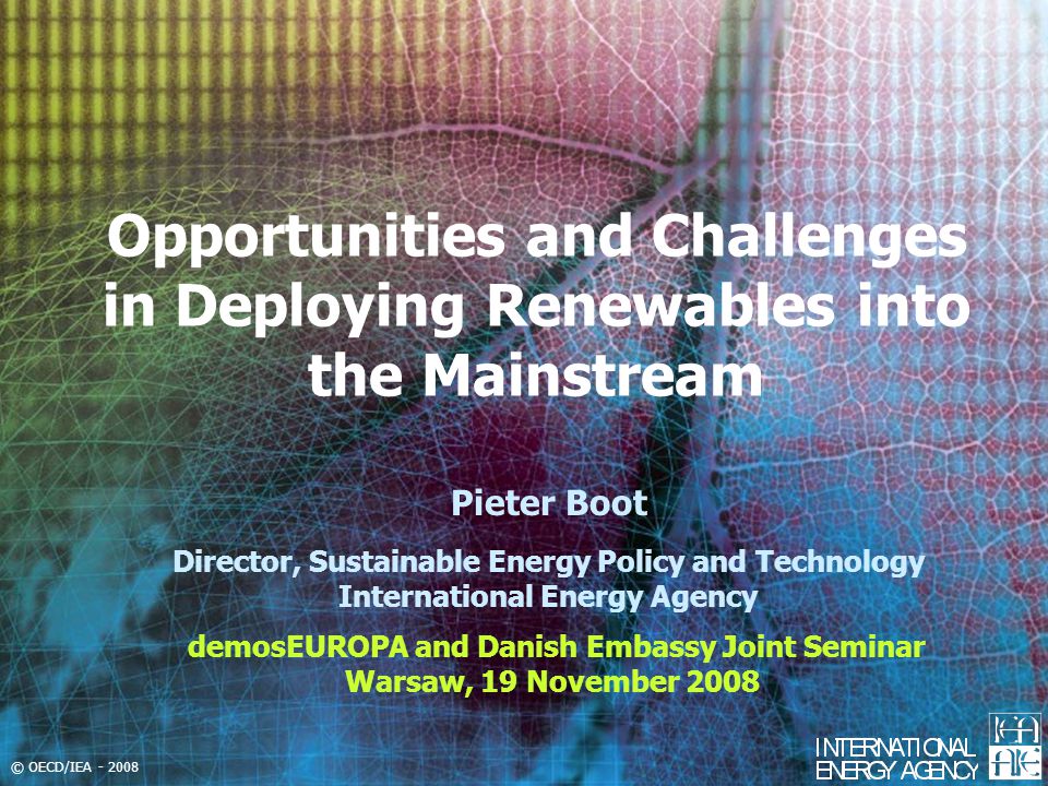 © OECD/IEA Opportunities and Challenges in Deploying Renewables into the Mainstream demosEUROPA and Danish Embassy Joint Seminar Warsaw, 19 November 2008 Pieter Boot Director, Sustainable Energy Policy and Technology International Energy Agency