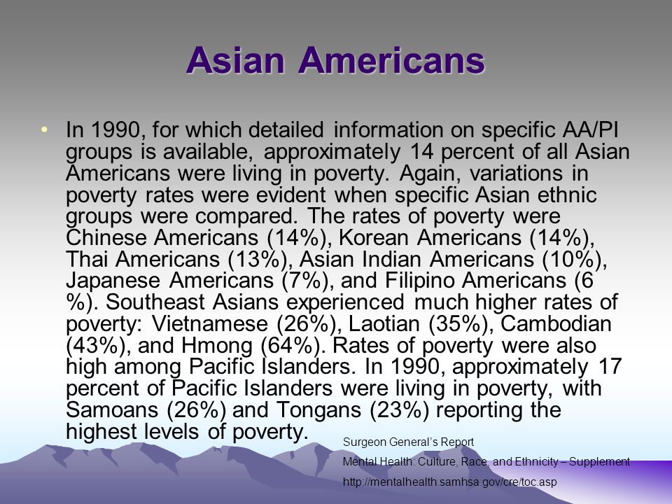 Asian Americans In 1990, for which detailed information on specific AA/PI groups is available, approximately 14 percent of all Asian Americans were living in poverty.