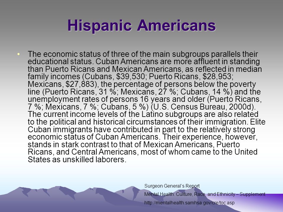 Hispanic Americans The economic status of three of the main subgroups parallels their educational status.