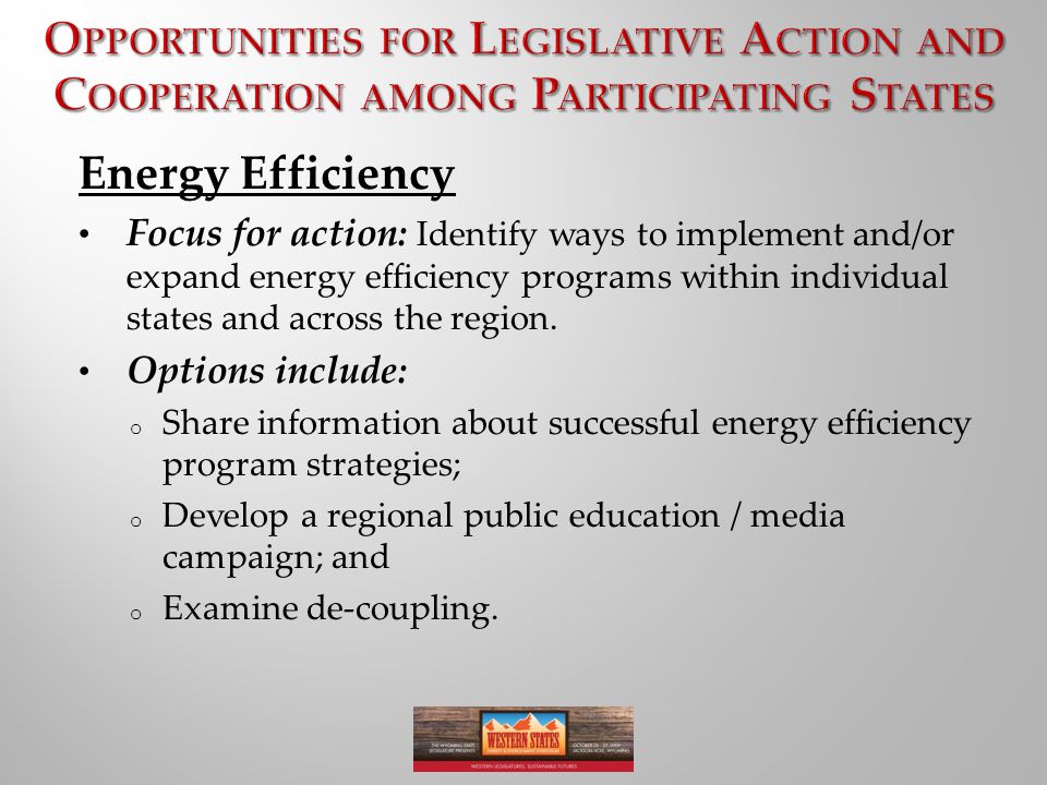 Energy Efficiency Focus for action: Identify ways to implement and/or expand energy efficiency programs within individual states and across the region.