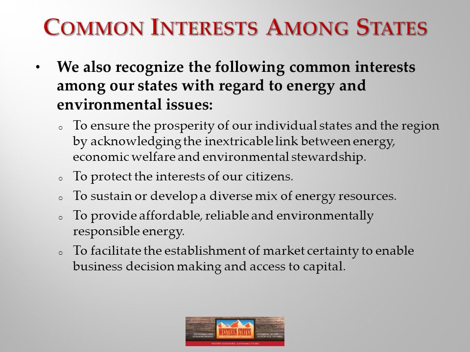 We also recognize the following common interests among our states with regard to energy and environmental issues: o To ensure the prosperity of our individual states and the region by acknowledging the inextricable link between energy, economic welfare and environmental stewardship.