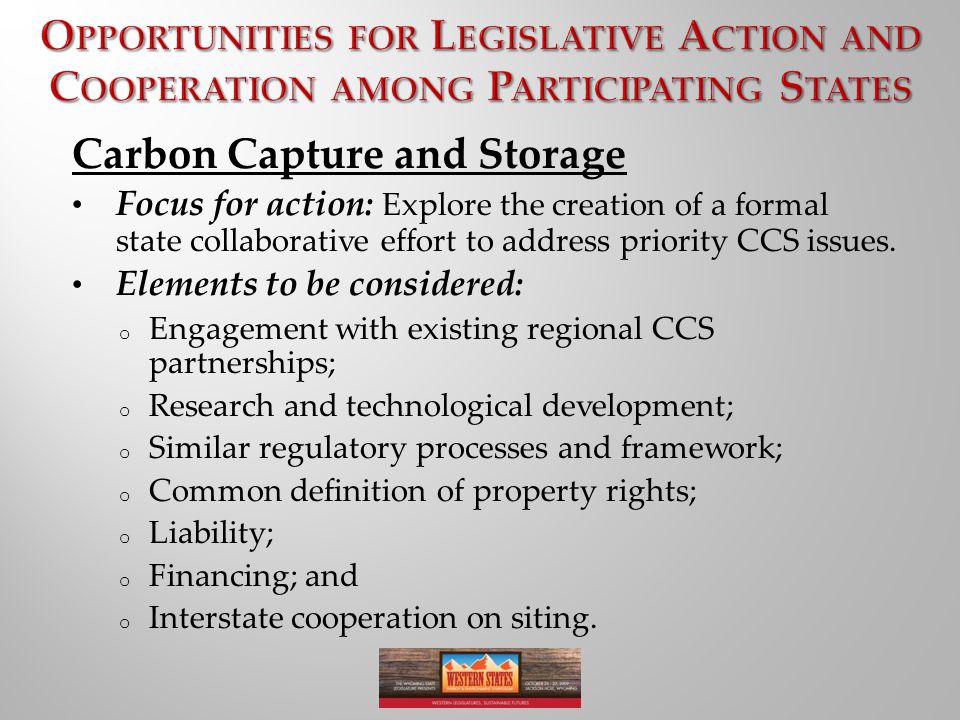 Carbon Capture and Storage Focus for action: Explore the creation of a formal state collaborative effort to address priority CCS issues.