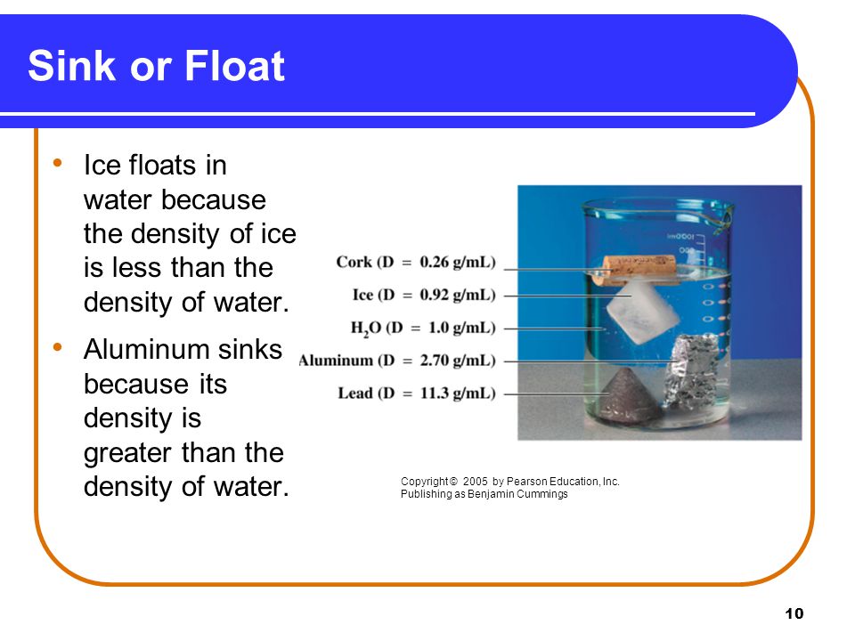 10 Sink or Float Ice floats in water because the density of ice is less than the density of water.