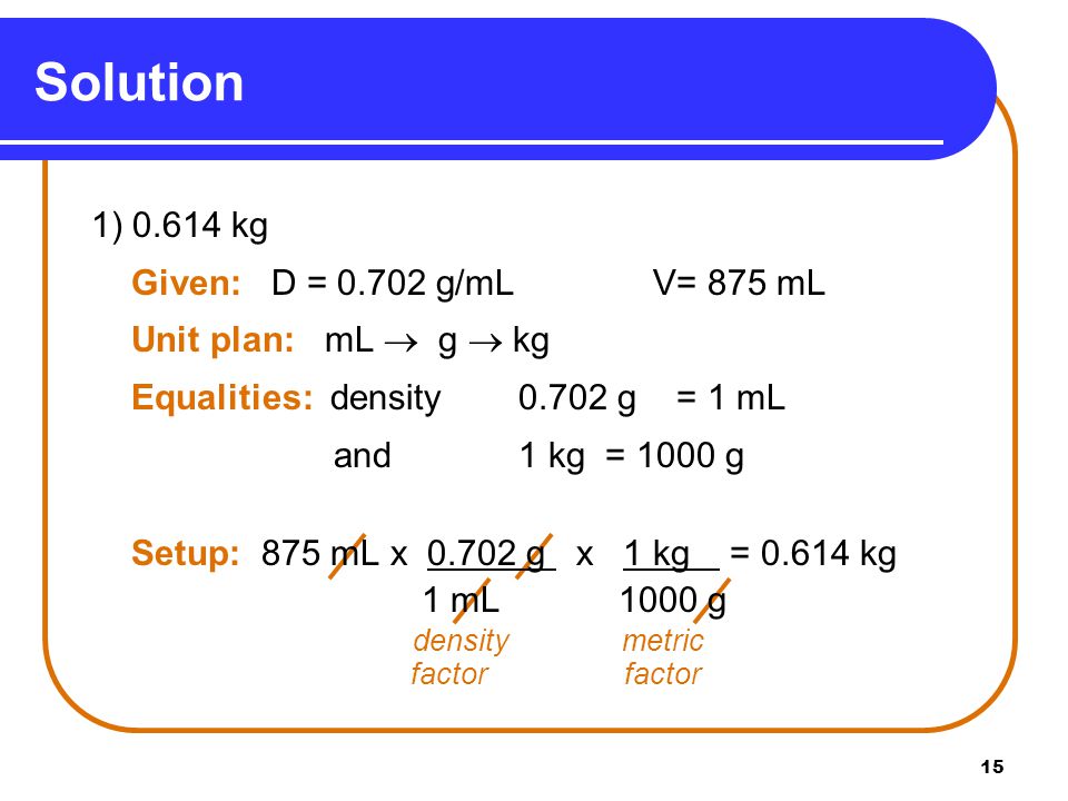 15 Solution 1) kg Given: D = g/mL V= 875 mL Unit plan: mL  g  kg Equalities: density g = 1 mL and 1 kg = 1000 g Setup: 875 mL x g x 1 kg = kg 1 mL 1000 g density metric factor factor