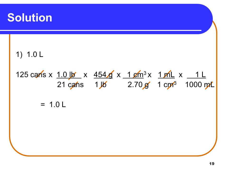19 Solution 1) 1.0 L 125 cans x 1.0 lb x 454 g x 1 cm 3 x 1 mL x 1 L 21 cans 1 lb 2.70 g 1 cm mL = 1.0 L