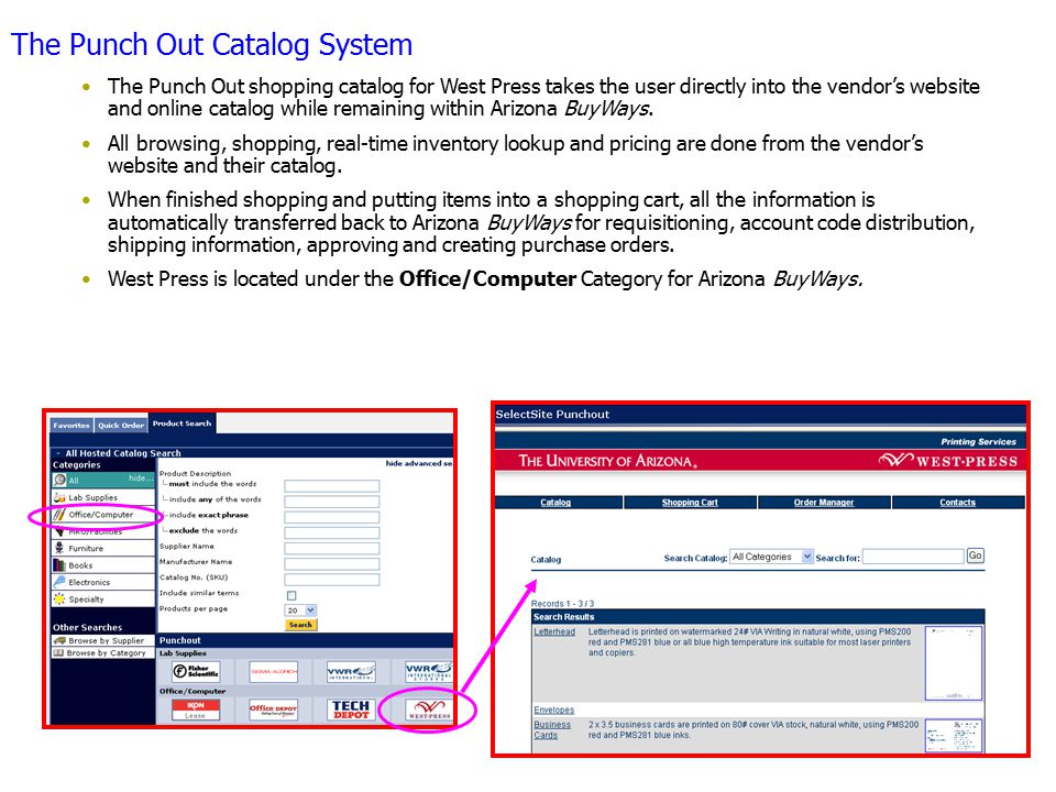 The Punch Out Catalog System The Punch Out shopping catalog for West Press takes the user directly into the vendor’s website and online catalog while remaining within Arizona BuyWays.