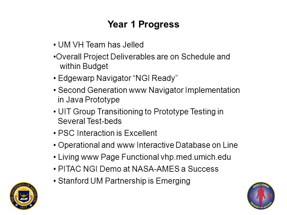 Year 1 Progress UM VH Team has Jelled Overall Project Deliverables are on Schedule and within Budget Edgewarp Navigator NGI Ready Second Generation www Navigator Implementation in Java Prototype UIT Group Transitioning to Prototype Testing in Several Test-beds PSC Interaction is Excellent Operational and www Interactive Database on Line Living www Page Functional vhp.med.umich.edu PITAC NGI Demo at NASA-AMES a Success Stanford UM Partnership is Emerging