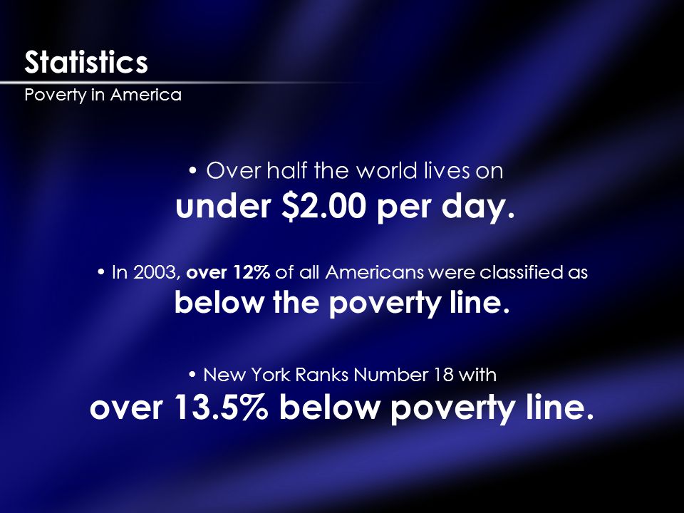 Statistics Poverty in America Over half the world lives on under $2.00 per day.