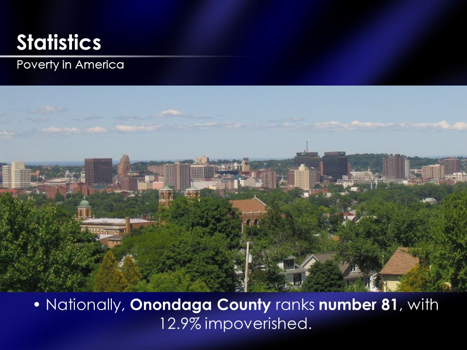Statistics Poverty in America Nationally, Onondaga County ranks number 81, with 12.9% impoverished.