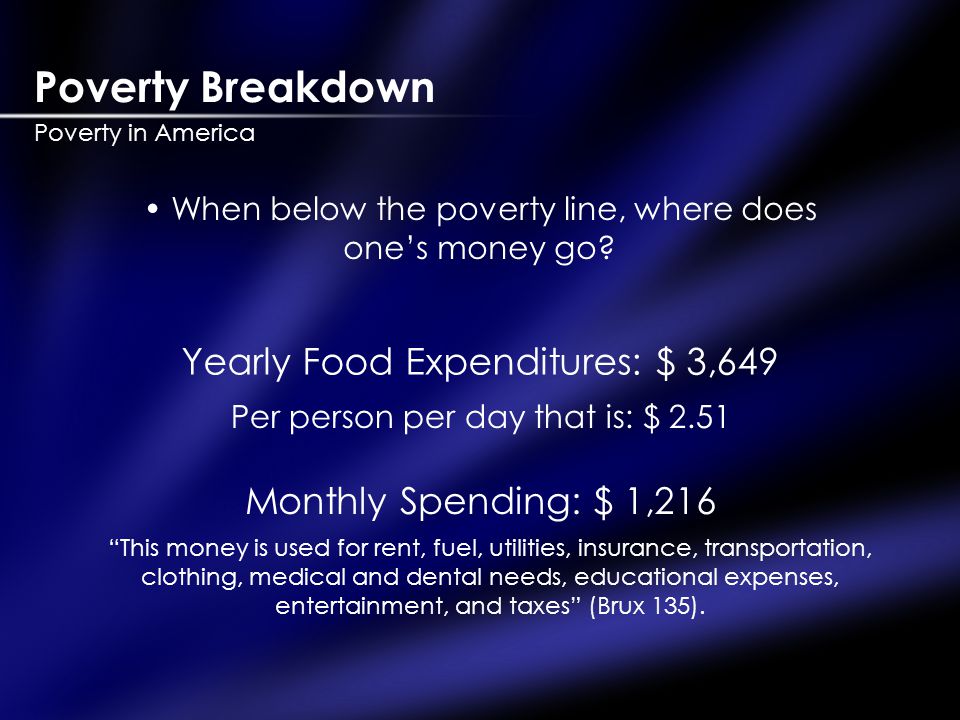 Poverty Breakdown Poverty in America When below the poverty line, where does one’s money go.