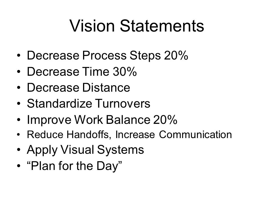 Vision Statements Decrease Process Steps 20% Decrease Time 30% Decrease Distance Standardize Turnovers Improve Work Balance 20% Reduce Handoffs, Increase Communication Apply Visual Systems Plan for the Day
