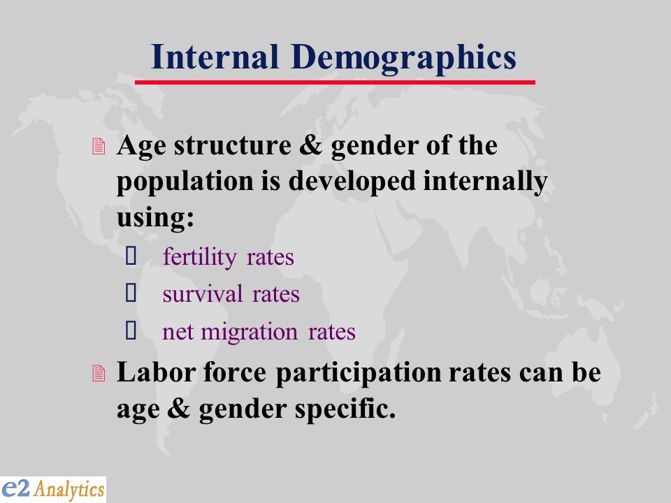 Internal Demographics 2 Age structure & gender of the population is developed internally using:  fertility rates  survival rates  net migration rates 2 Labor force participation rates can be age & gender specific.