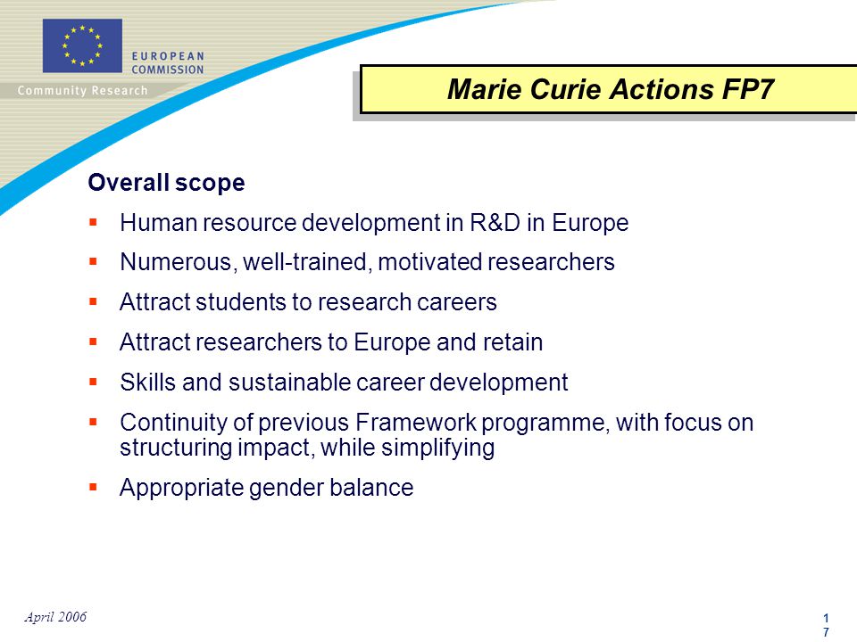 1717 April 2006 Overall scope  Human resource development in R&D in Europe  Numerous, well-trained, motivated researchers  Attract students to research careers  Attract researchers to Europe and retain  Skills and sustainable career development  Continuity of previous Framework programme, with focus on structuring impact, while simplifying  Appropriate gender balance Marie Curie Actions FP7
