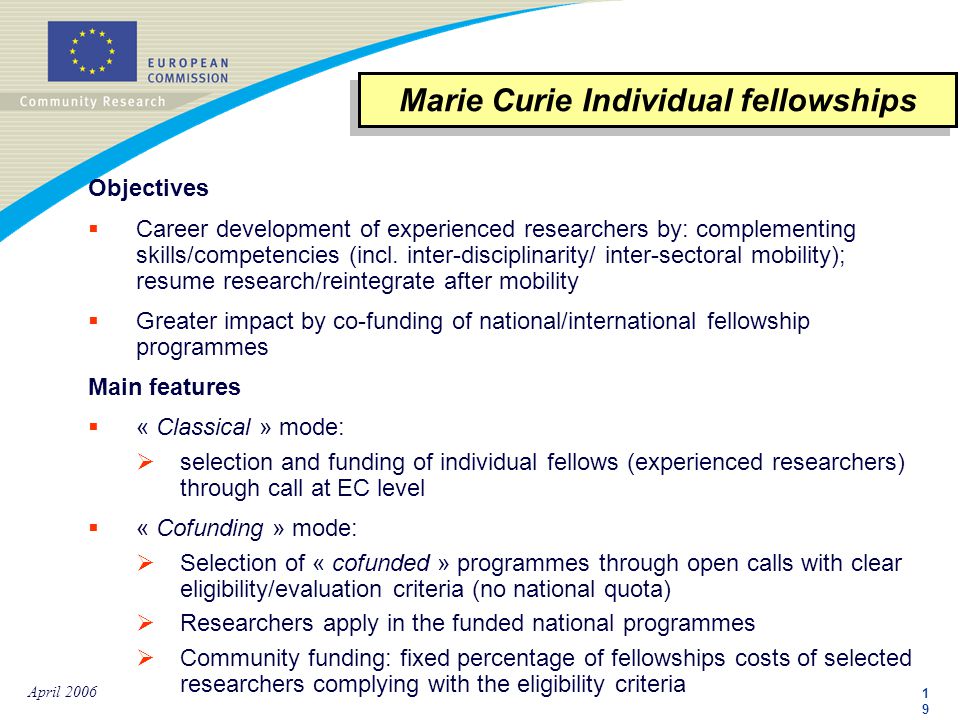 1919 April 2006 Objectives  Career development of experienced researchers by: complementing skills/competencies (incl.
