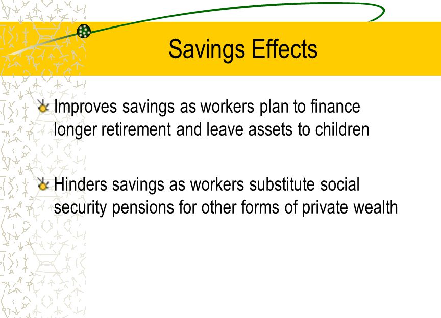 Savings Effects Improves savings as workers plan to finance longer retirement and leave assets to children Hinders savings as workers substitute social security pensions for other forms of private wealth