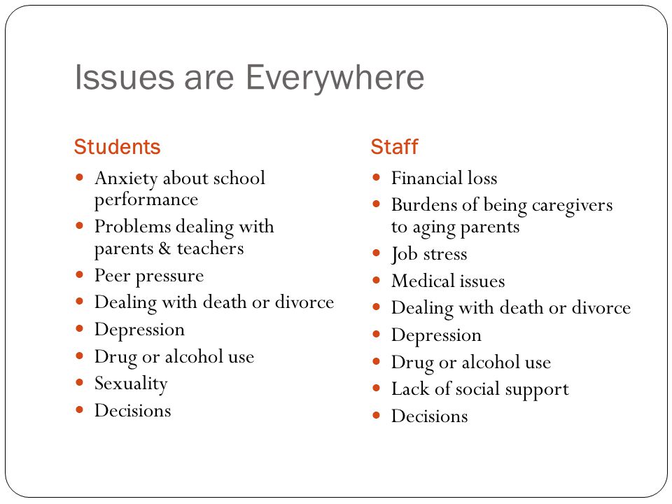 Issues are Everywhere StudentsStaff Anxiety about school performance Problems dealing with parents & teachers Peer pressure Dealing with death or divorce Depression Drug or alcohol use Sexuality Decisions Financial loss Burdens of being caregivers to aging parents Job stress Medical issues Dealing with death or divorce Depression Drug or alcohol use Lack of social support Decisions