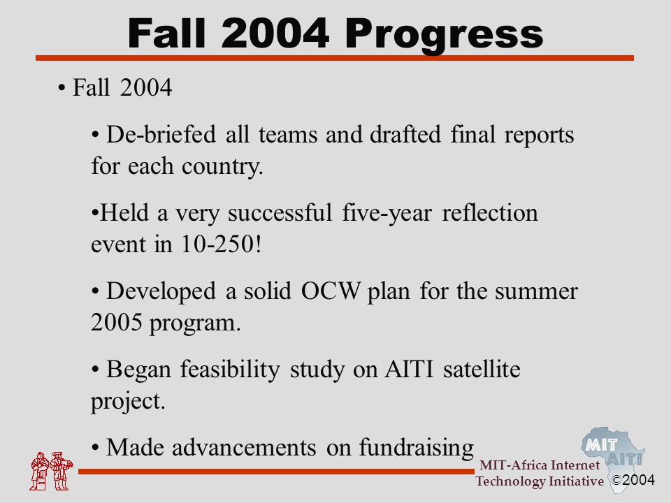 © 2004 MIT-Africa Internet Technology Initiative Fall 2004 Progress Fall 2004 De-briefed all teams and drafted final reports for each country.
