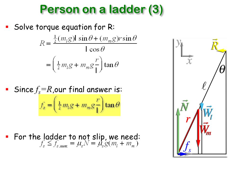 1 Physics For Scientists Engineers Phy 183 Chapter 4 Force 73 Person On A Ladder 3 Solve Torque Equation For R Since F S Our Final Answer Is The To Not Slip We Need