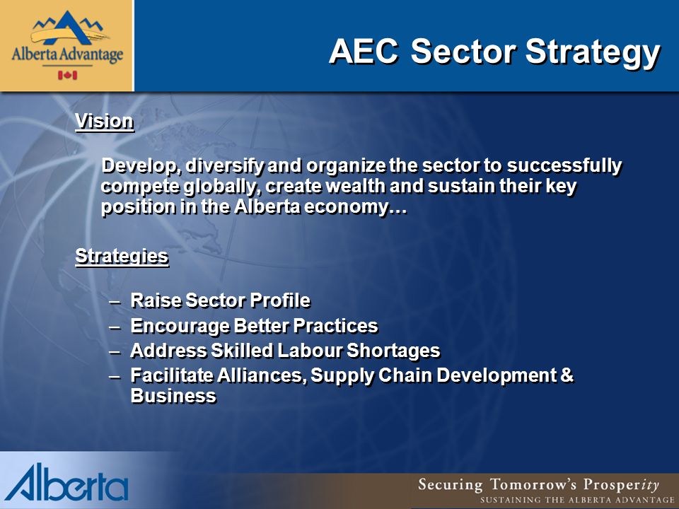AEC Sector Strategy Vision Develop, diversify and organize the sector to successfully compete globally, create wealth and sustain their key position in the Alberta economy… Strategies –Raise Sector Profile –Encourage Better Practices –Address Skilled Labour Shortages –Facilitate Alliances, Supply Chain Development & Business Vision Develop, diversify and organize the sector to successfully compete globally, create wealth and sustain their key position in the Alberta economy… Strategies –Raise Sector Profile –Encourage Better Practices –Address Skilled Labour Shortages –Facilitate Alliances, Supply Chain Development & Business