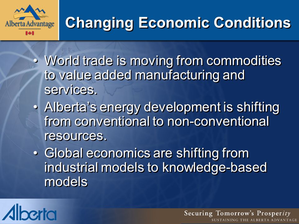 Changing Economic Conditions World trade is moving from commodities to value added manufacturing and services.